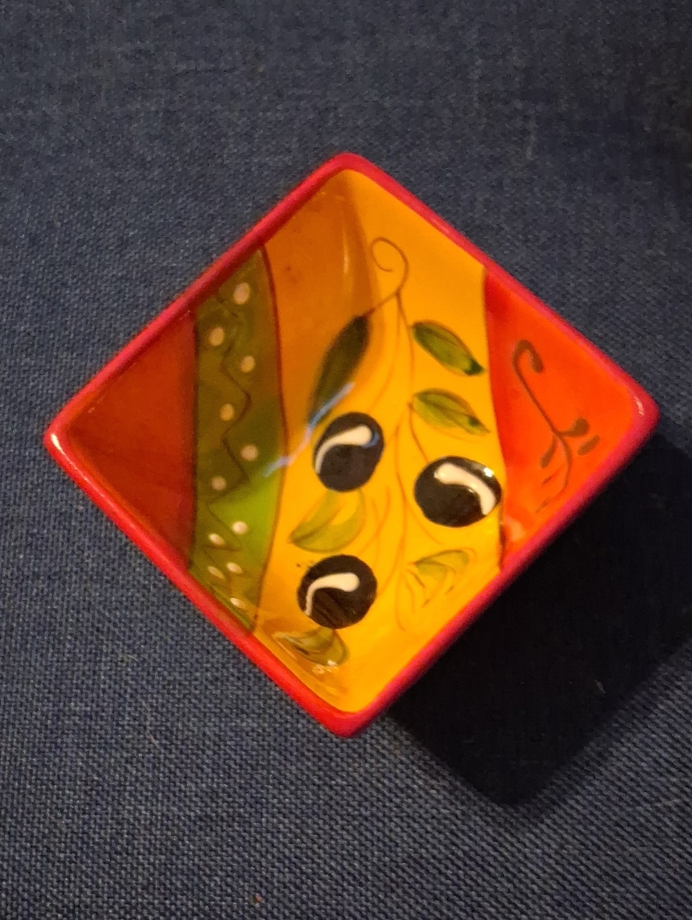 Hand-Painted Decorative Ceramic Bowl in Red, Yellow and Green Olive Bowl